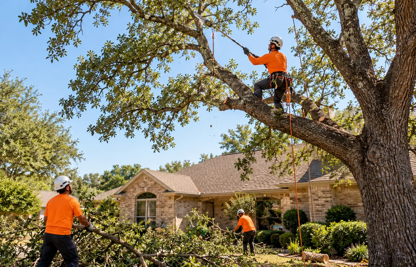 Representative oak pruning work in a Texas-style residential setting